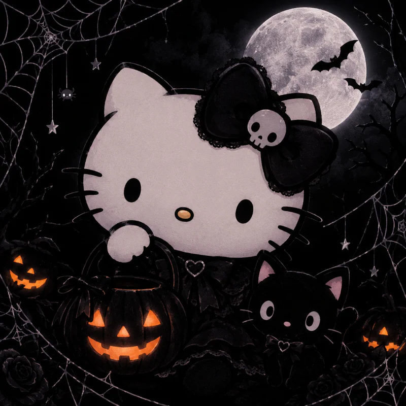 Spooky cute Hello Kitty Halloween PFP on a dark background with cobwebs