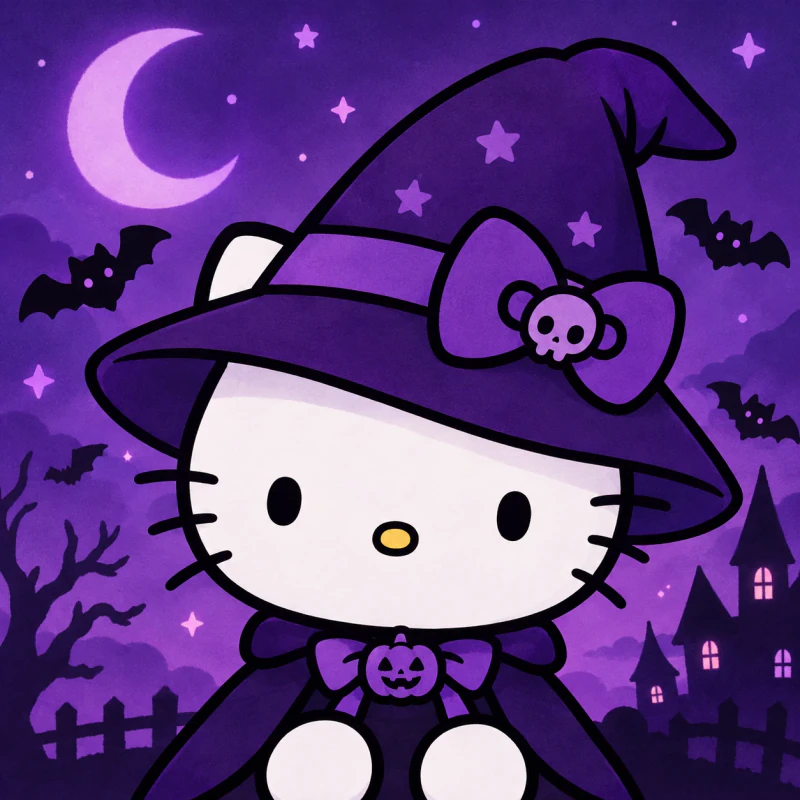 Hello Kitty Halloween PFP wearing a purple witch hat with tiny bats