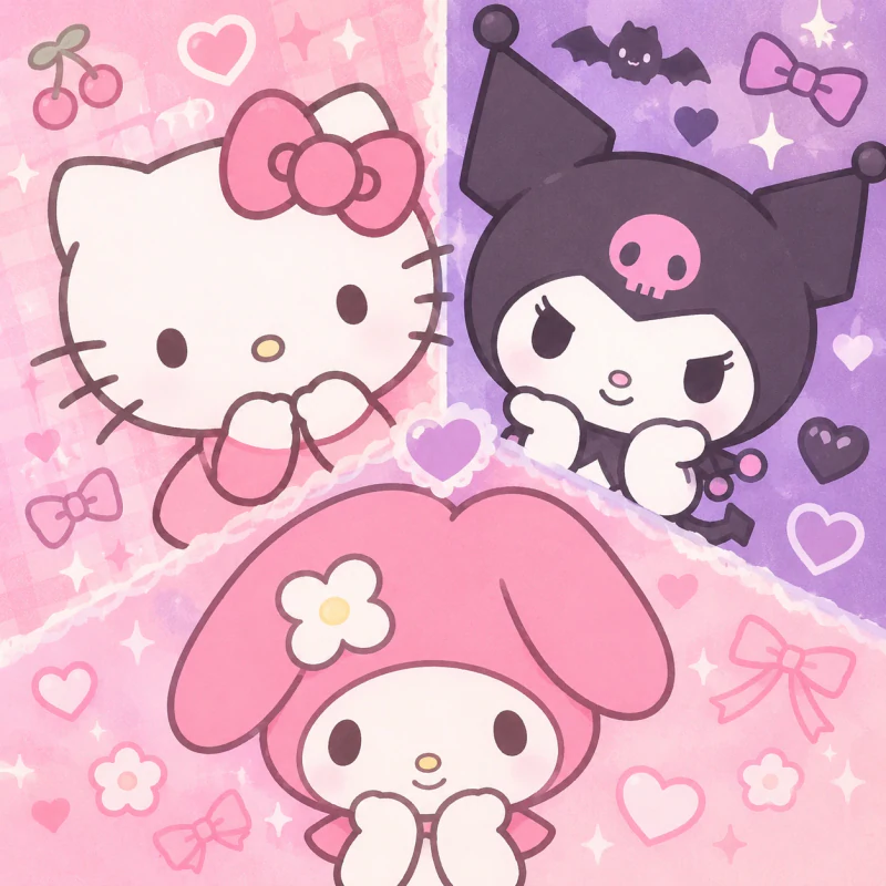 Hello Kitty, Kuromi, and My Melody trio PFP with soft Sanrio palette