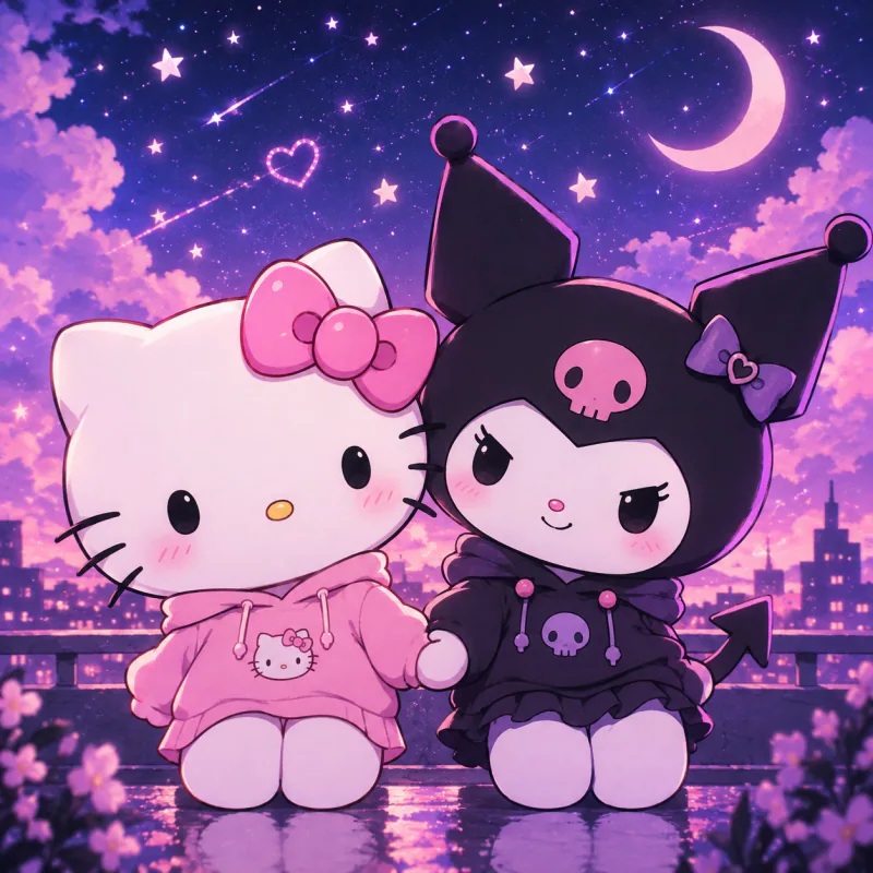 Cute Hello Kitty and Kuromi PFP holding hands under a starry sky