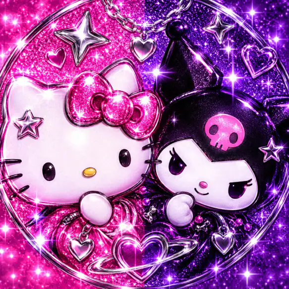 Y2K glitter Hello Kitty and Kuromi duo PFP with chrome sparkles