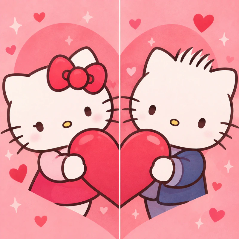 Hello Kitty and Dear Daniel matching couple PFP with connected heart background