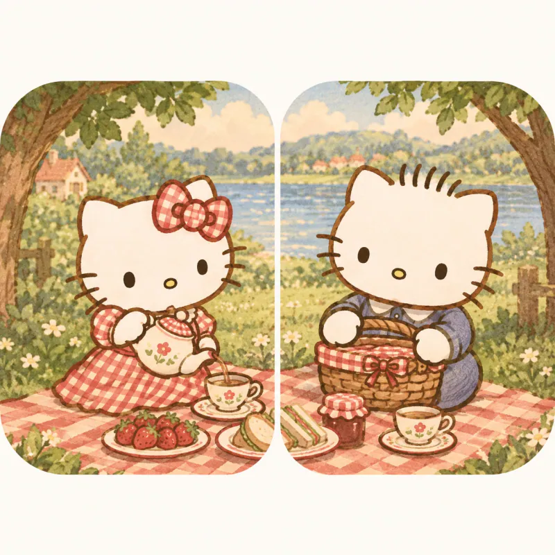 Hello Kitty matching couple PFP with a split picnic scene across two icons