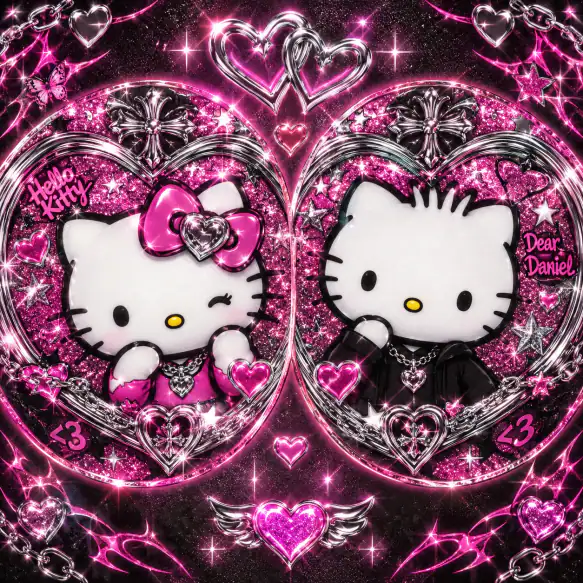 Y2K style Hello Kitty matching couple PFP with chrome hearts and glitter