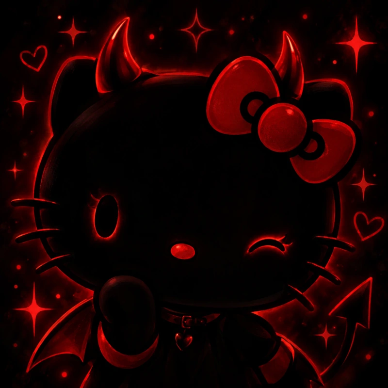 Black and red Hello Kitty PFP with tiny devil horns and dark sparkles
