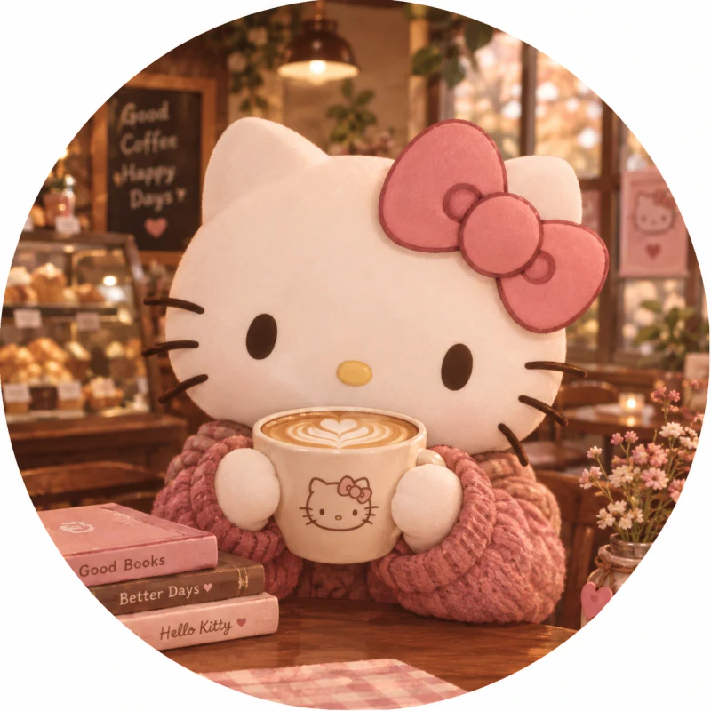 Cozy cute Hello Kitty girl PFP holding a warm latte in a café scene