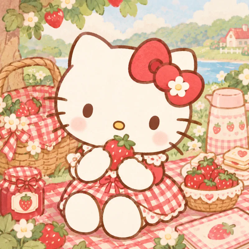 Hello Kitty girl PFP holding a strawberry with a pastel picnic-themed background