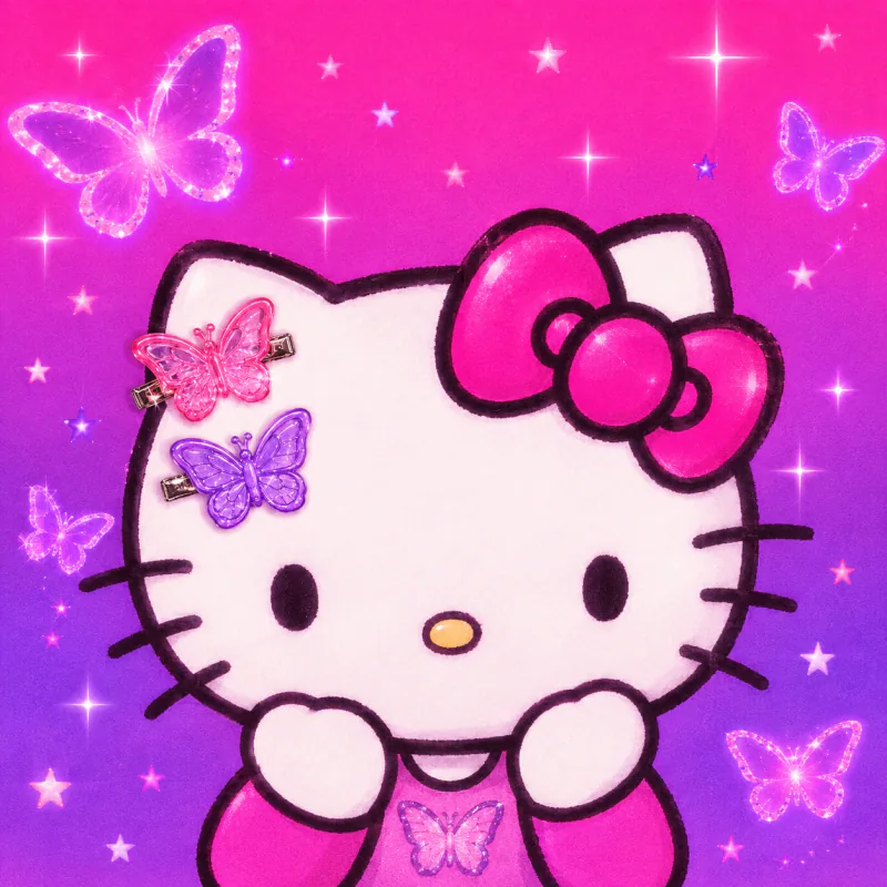 Y2K Hello Kitty PFP with butterfly clips on a pink and purple gradient