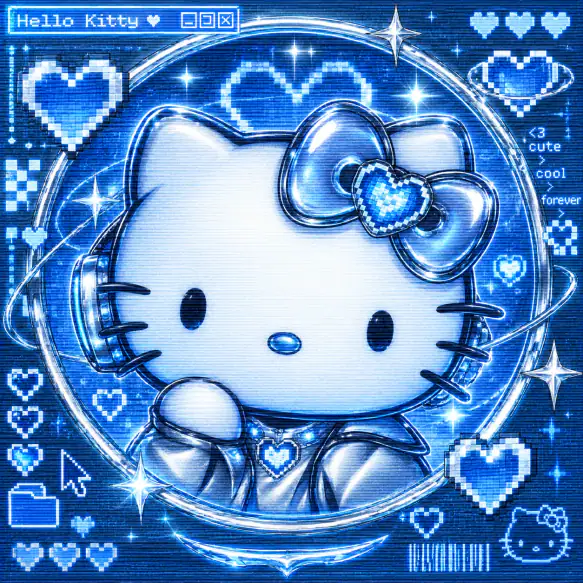 Cyber Y2K Hello Kitty PFP in blue and silver with pixel heart details