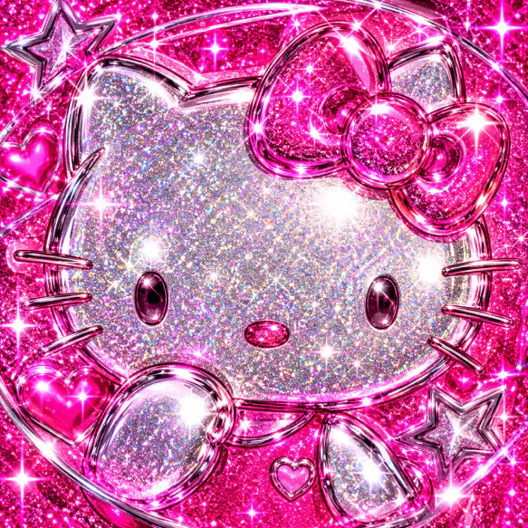 Hello Kitty Y2K PFP with glitter chrome finish and pink sparkle overlays