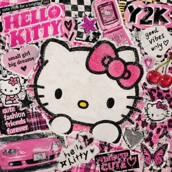 Y2K Hello Kitty PFP styled like a retro magazine collage with stickers