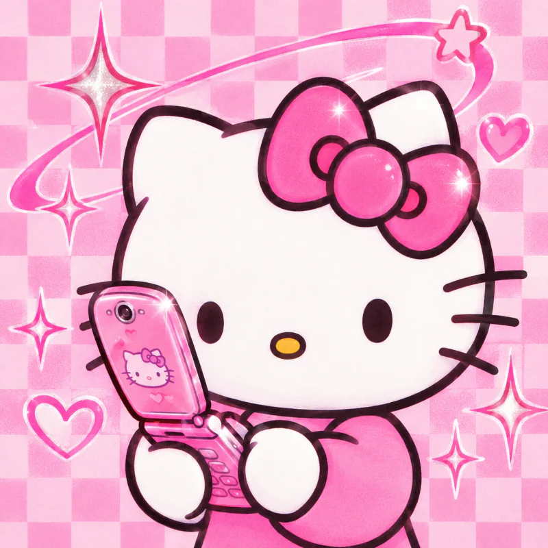 Retro Y2K Hello Kitty PFP posing with a pink flip phone and sparkles