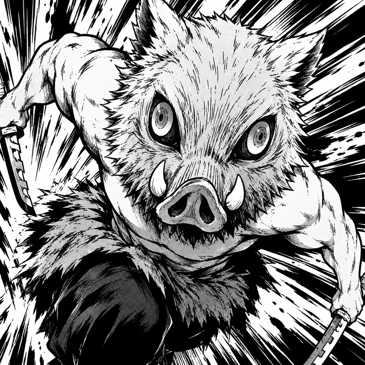 Inosuke Hashibira in his boar mask drawn in black and white manga style, bold manga icon