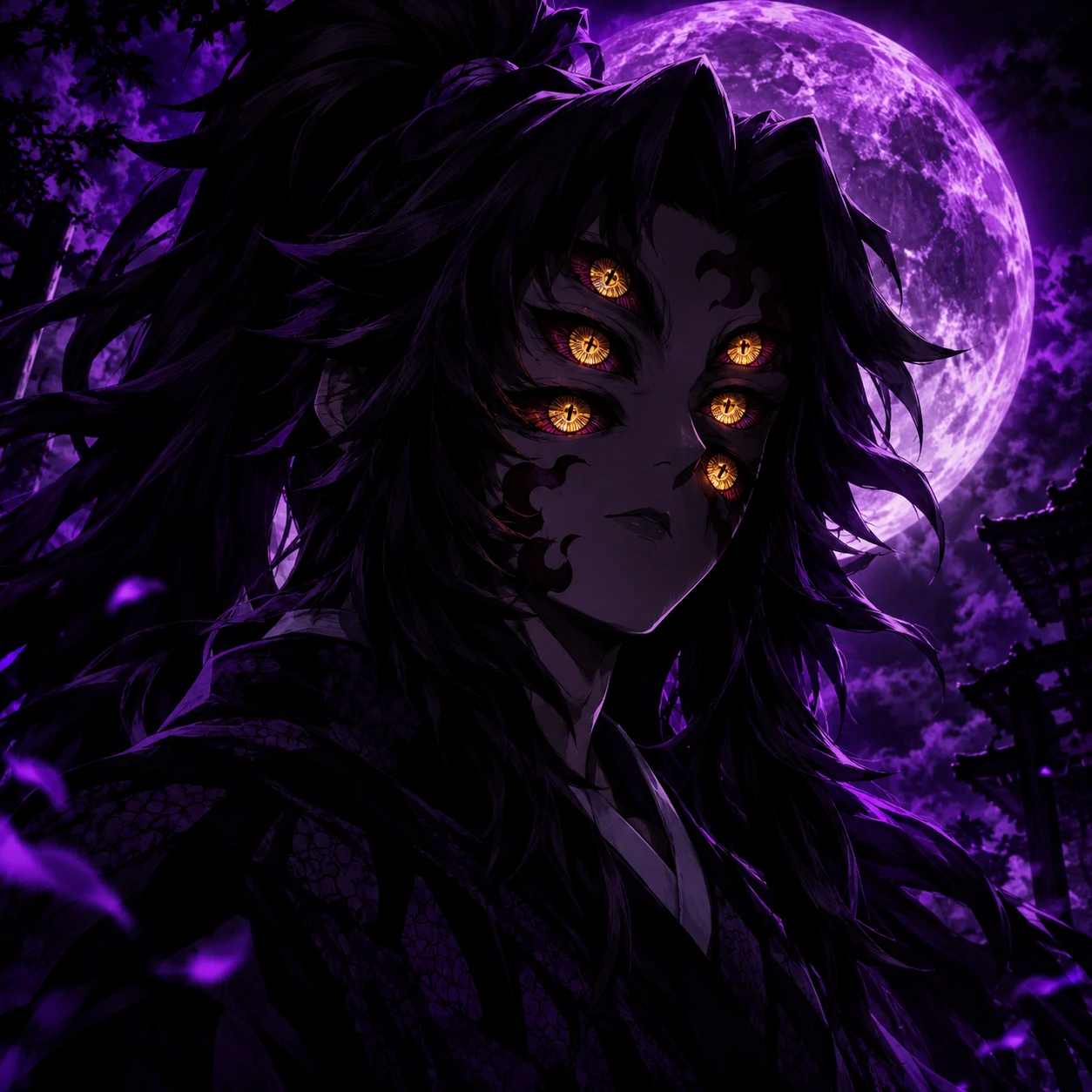 Kokushibo with six eyes and long dark hair under purple moonlight, dark aesthetic anime icon