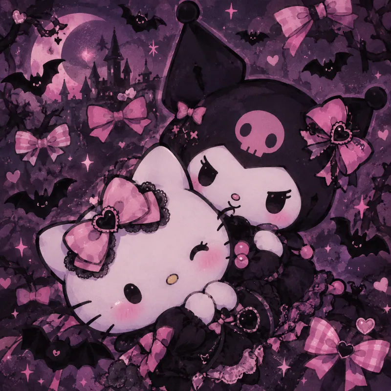 Dark cute Kuromi aesthetic Hello Kitty PFP with bats and pink bows