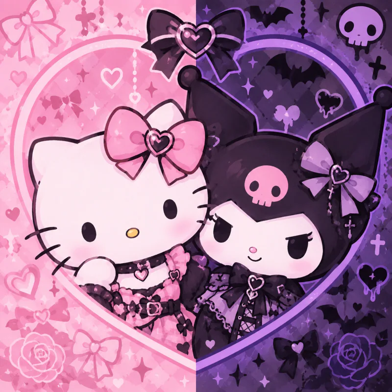 Pastel goth Kuromi and Hello Kitty crossover PFP with split-tone design