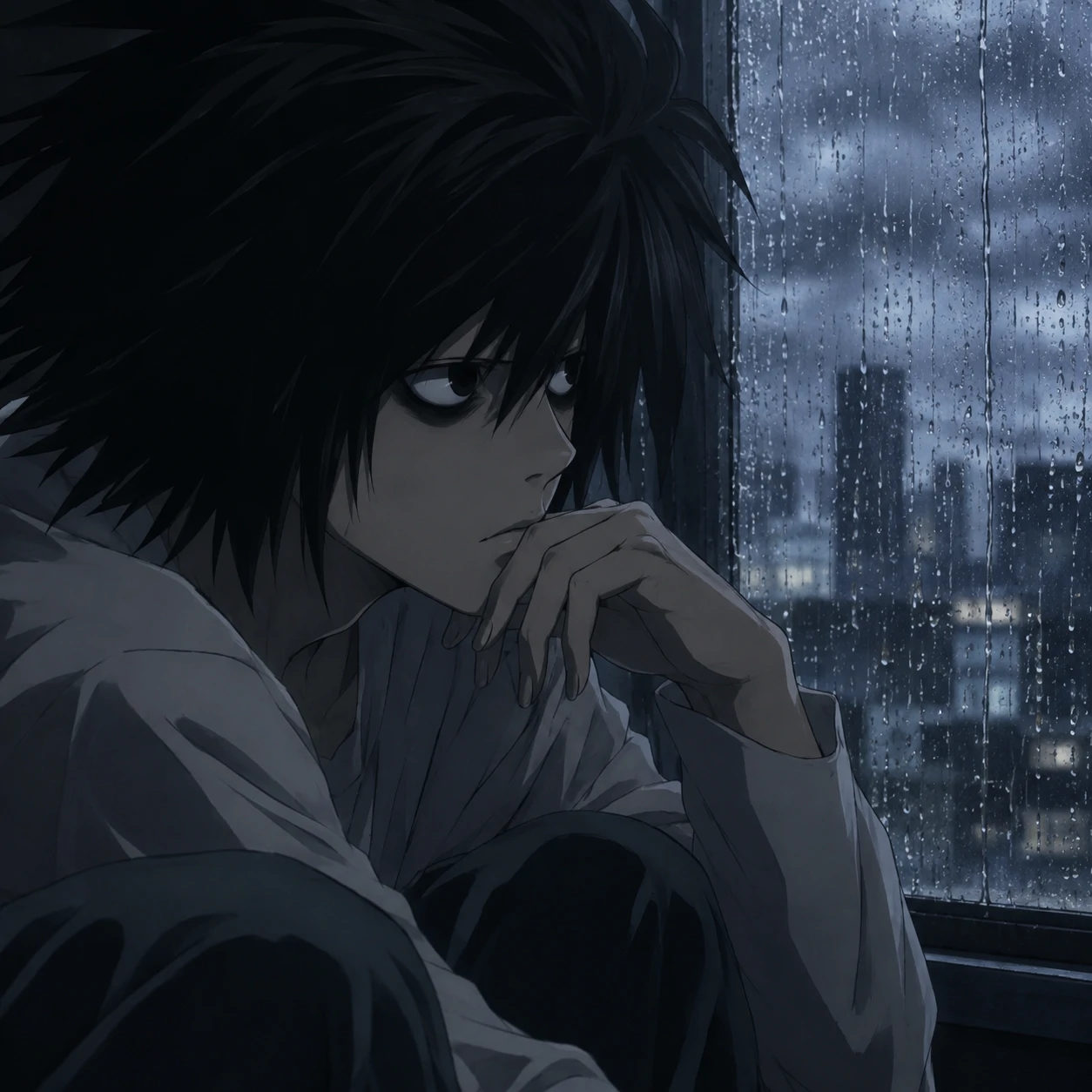 Aesthetic L Death Note PFP with rainy window lighting and soft shadows
