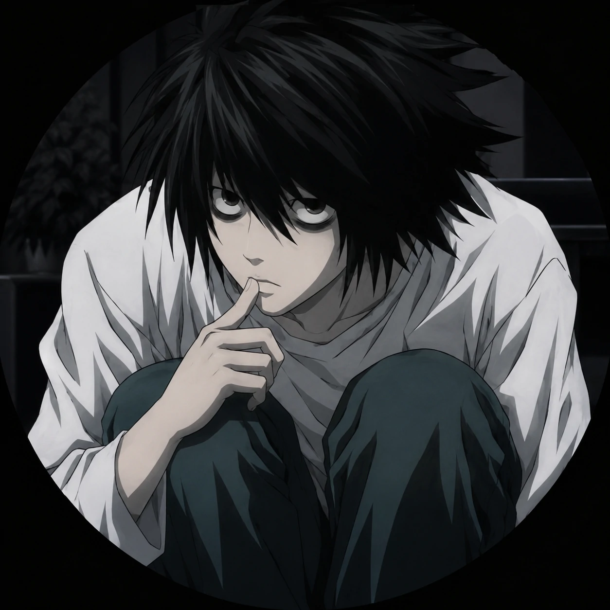 L Death Note PFP of his classic crouched sitting pose in a white shirt