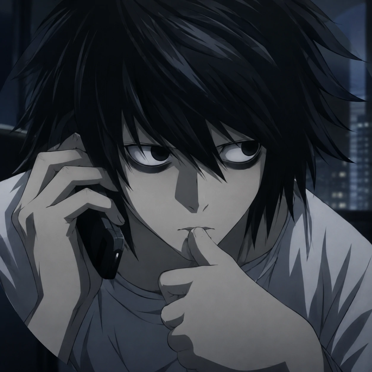 L Death Note PFP holding a phone, calm detective expression