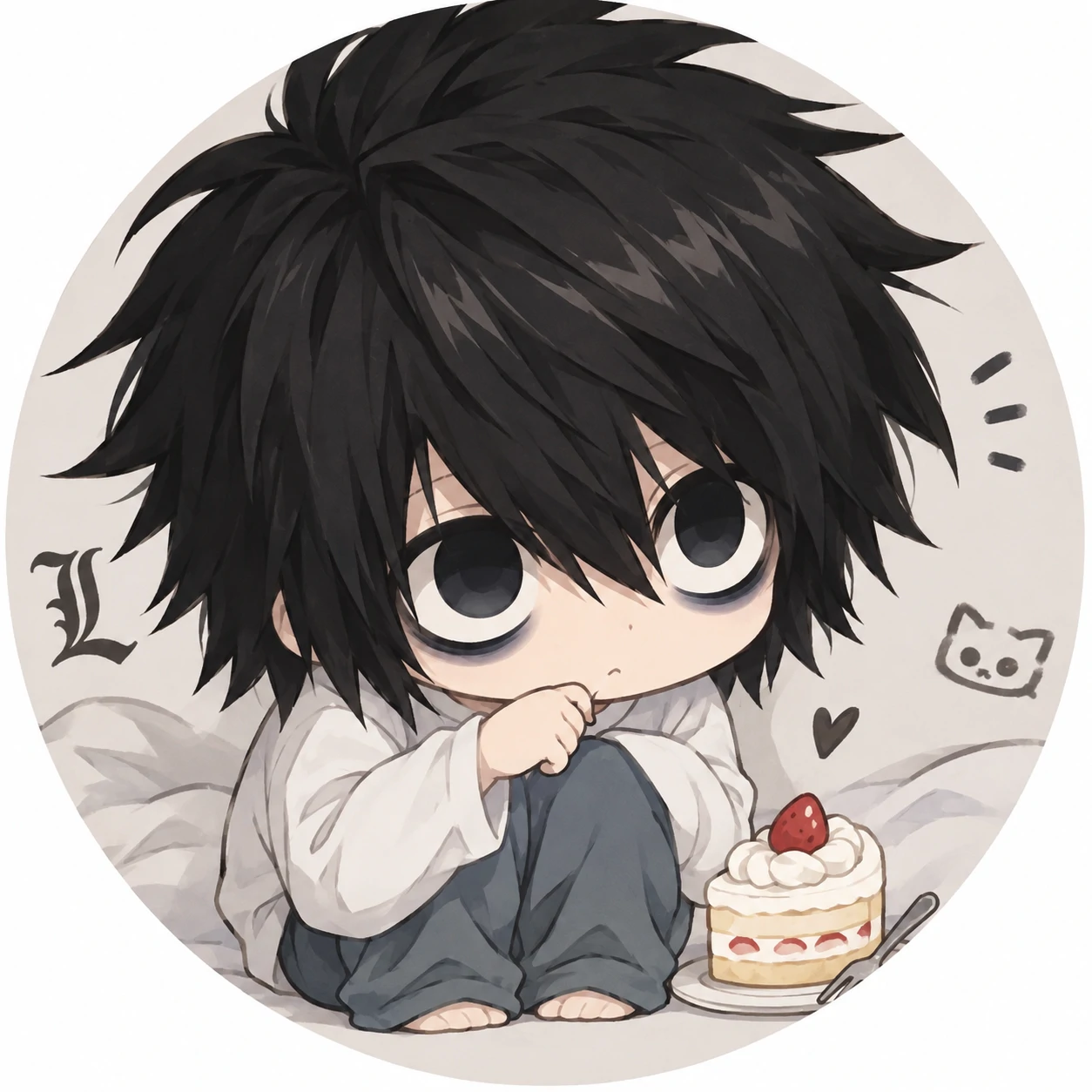 Cute chibi-style L Lawliet PFP with big eyes and tiny cake