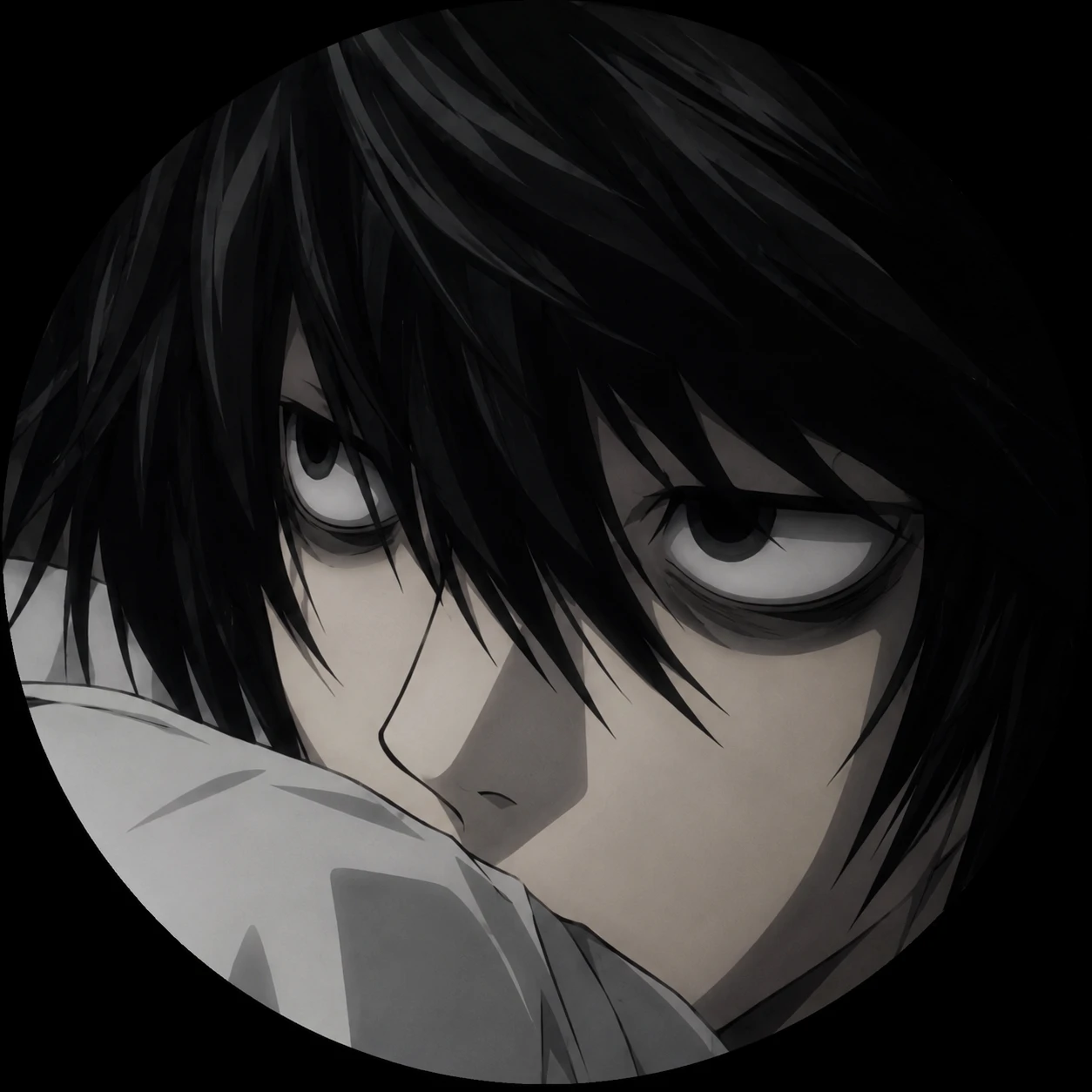 L Lawliet PFP close-up of his dark-ringed eyes and messy black hair
