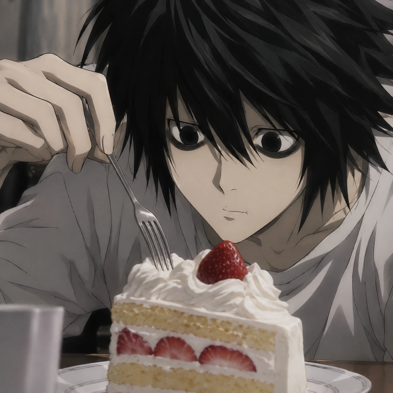 L PFP holding a fork over cake, his signature sweet tooth moment
