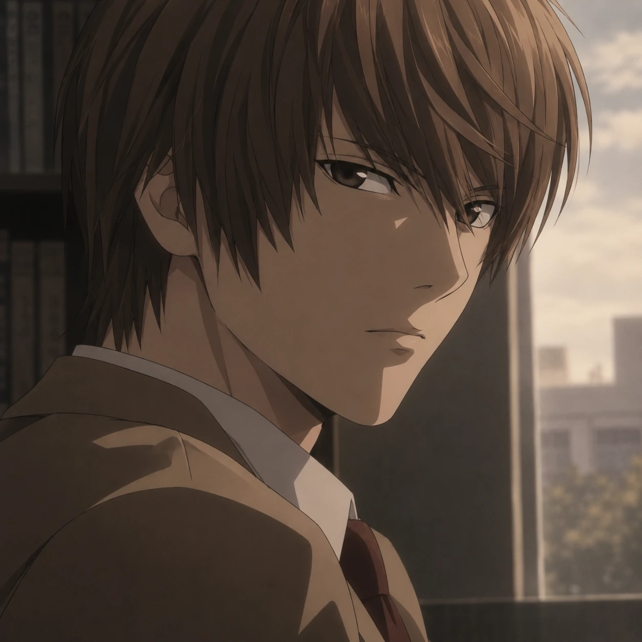 Aesthetic Light Yagami PFP in soft muted tones with a calm expression