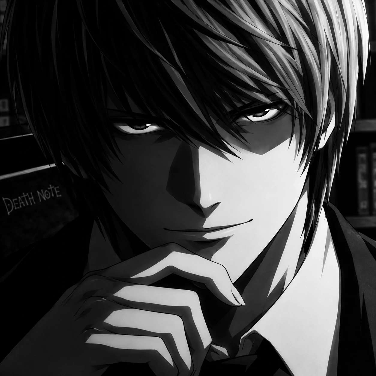 Black and white Light Yagami PFP with high contrast monochrome shading