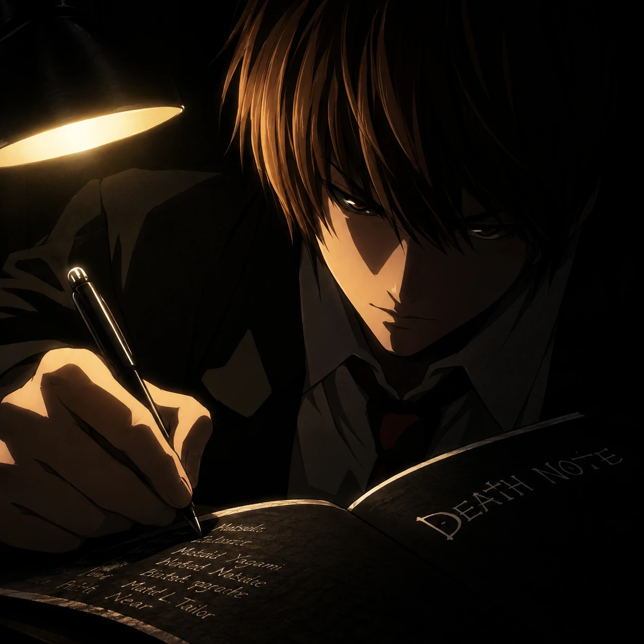 Light Yagami writing names in the Death Note, dark anime profile picture