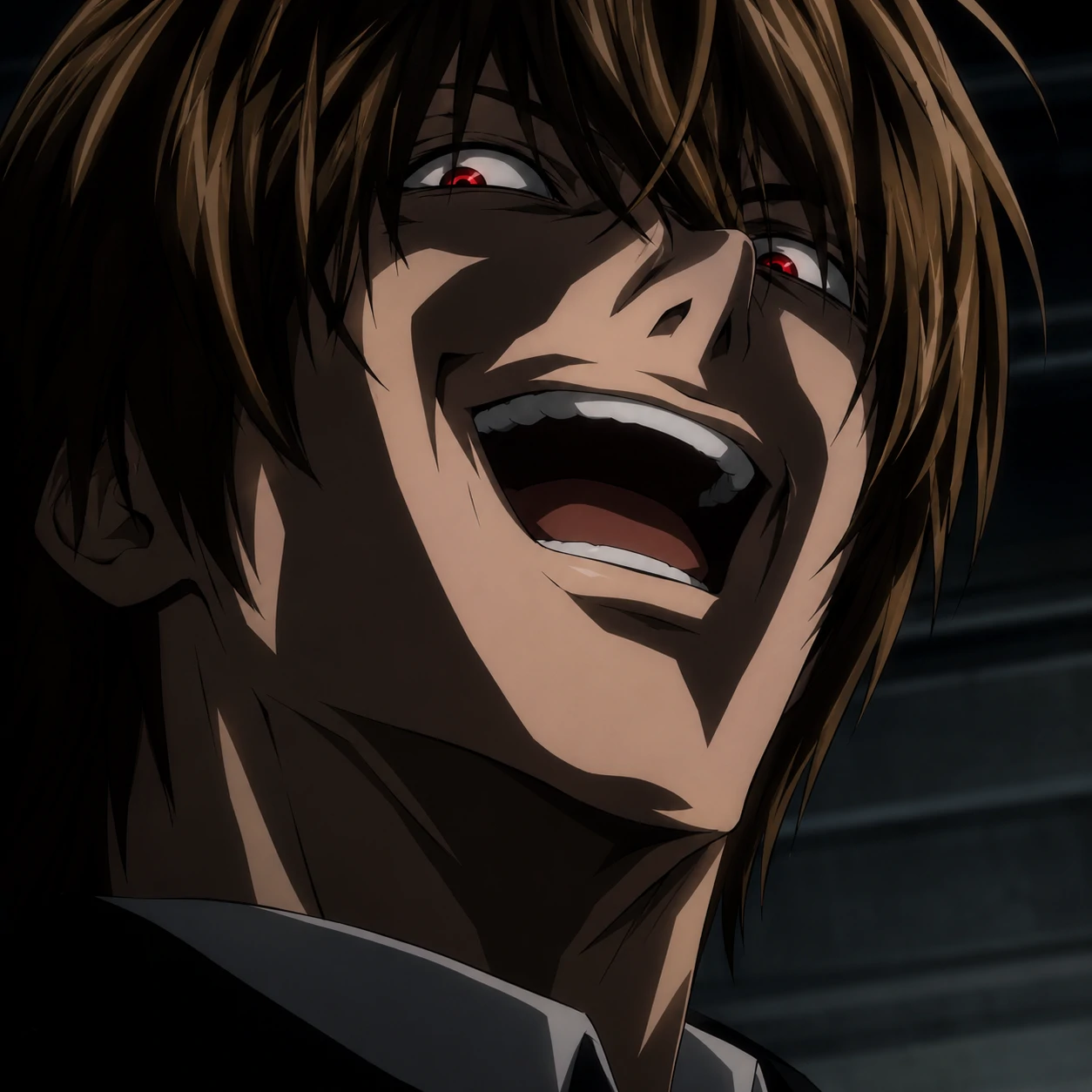 Light Yagami PFP HD of his unhinged Kira laugh with sharp shadows