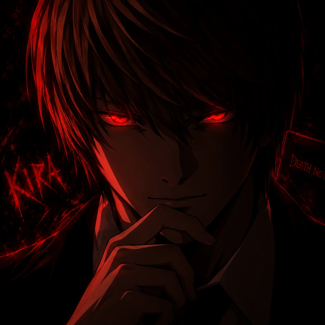 Light Yagami PFP with Kira red eyes glowing against a dark background