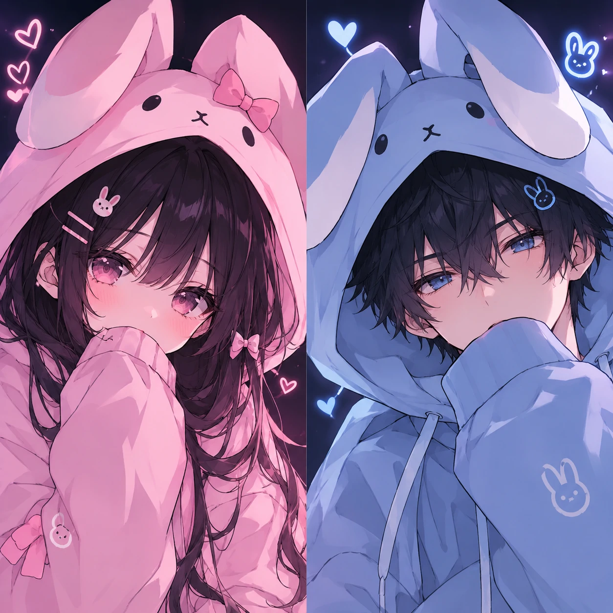 Anime matching bunny pfp couple with coordinated bunny ear hoodies
