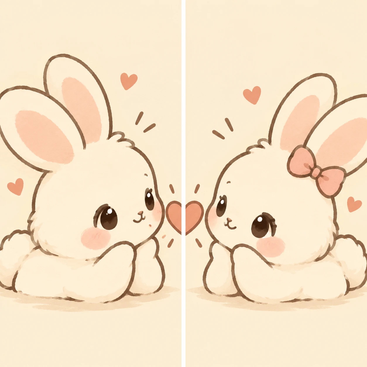 Matching bunny pfp pair for best friends with hearts connecting both icons