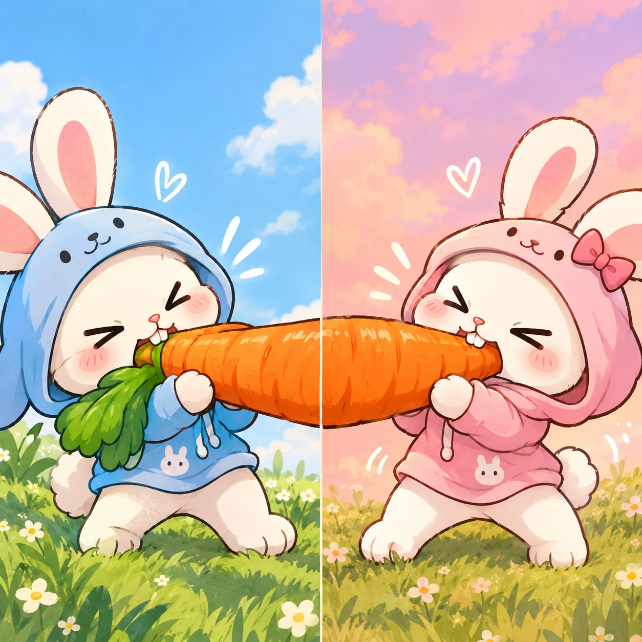 Funny matching bunny pfp pair of rabbits sharing a giant carrot