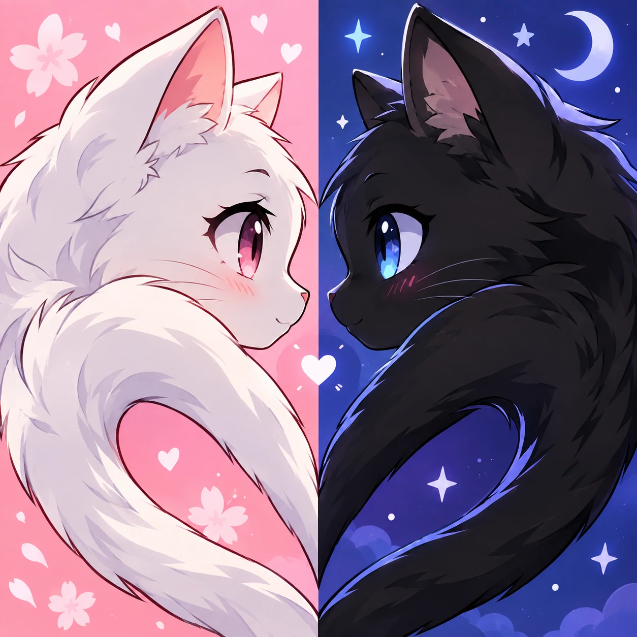 Anime matching cat PFP where two anime cats form a heart when placed together