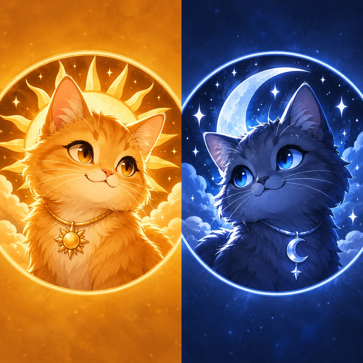 Matching cat PFP for besties with sun-themed and moon-themed cat icons