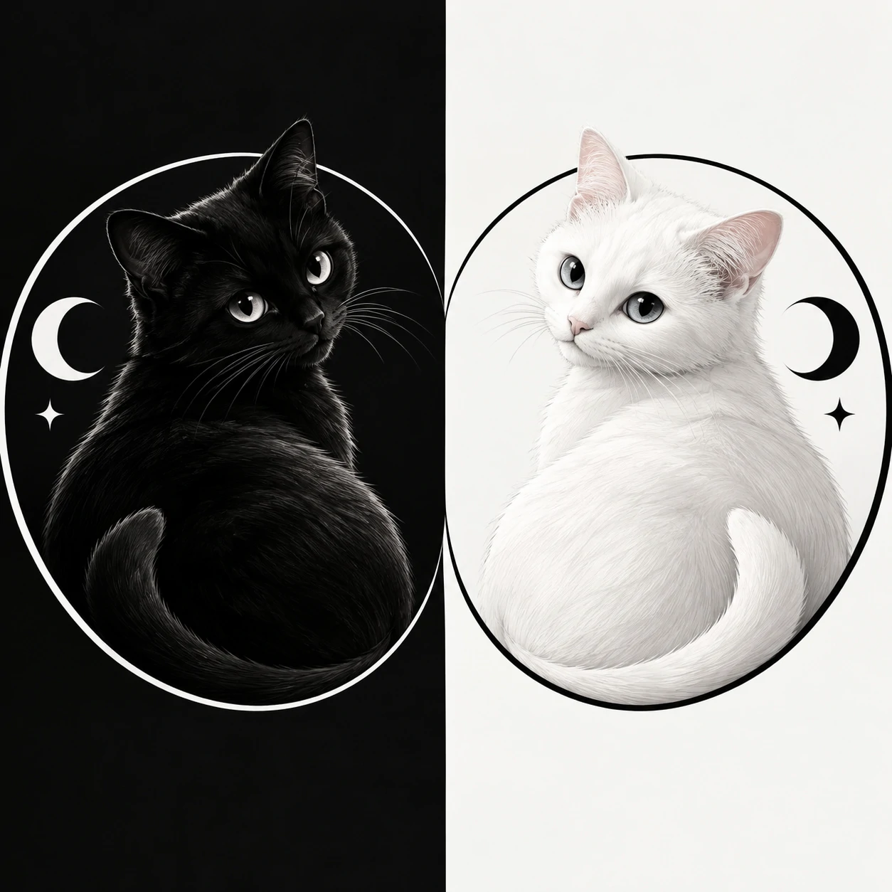 Matching cat PFP duo of one black cat and one white cat in mirrored poses
