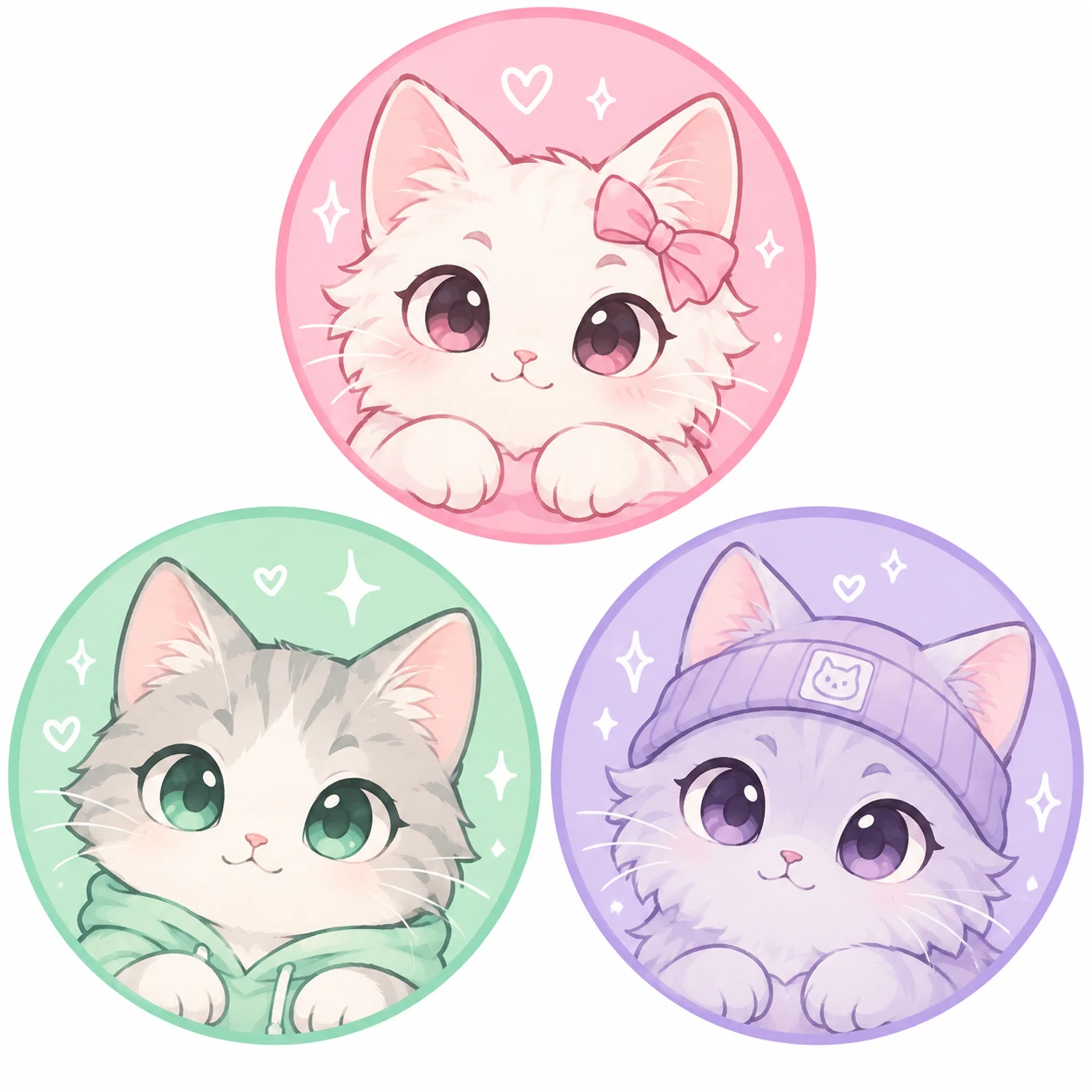Matching cat PFP trio of three cats in coordinated pastel colors for friends