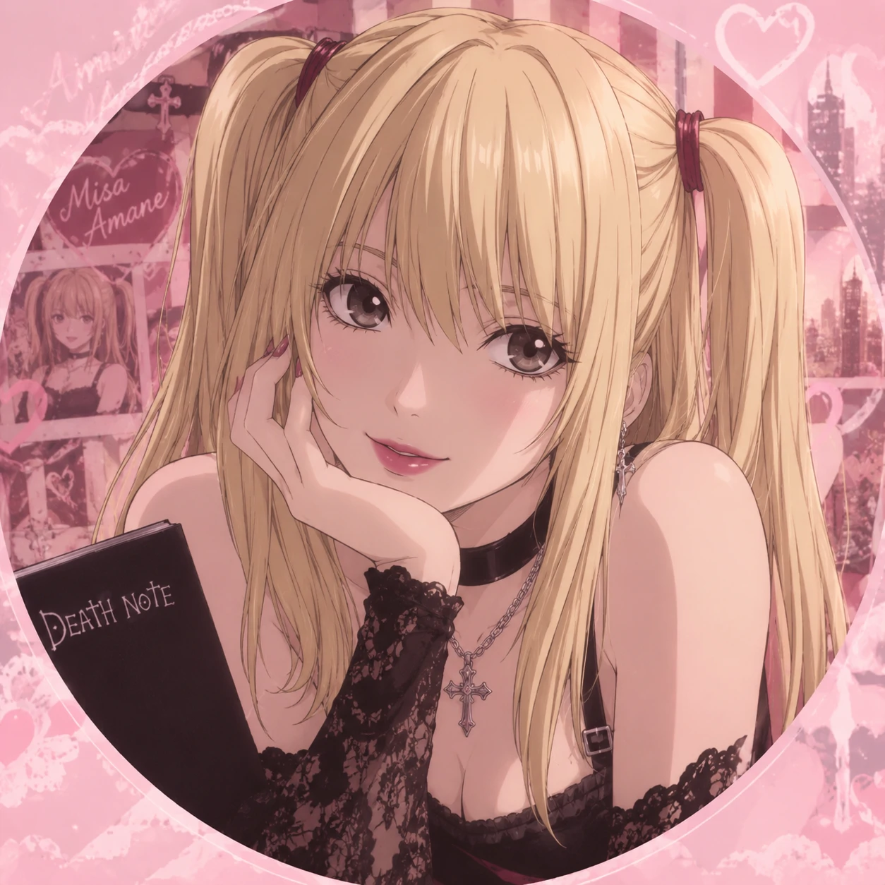 Aesthetic Misa Amane PFP with blonde pigtails and soft pink tones