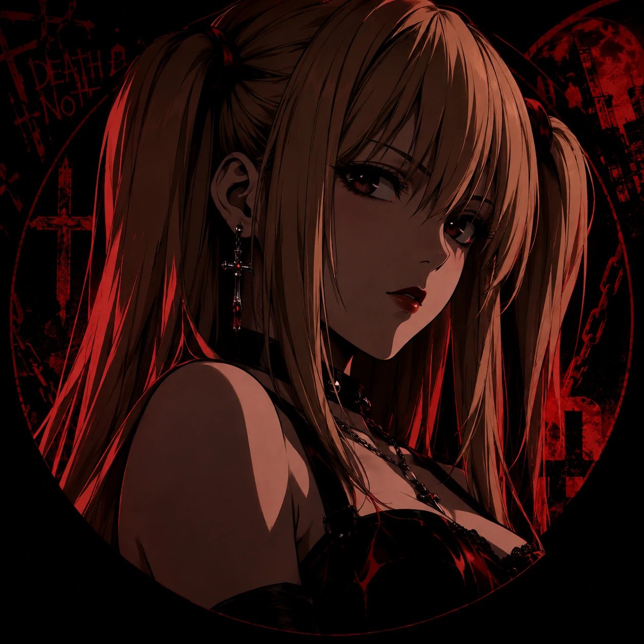 Dark Misa Amane PFP in red and black with a serious expression