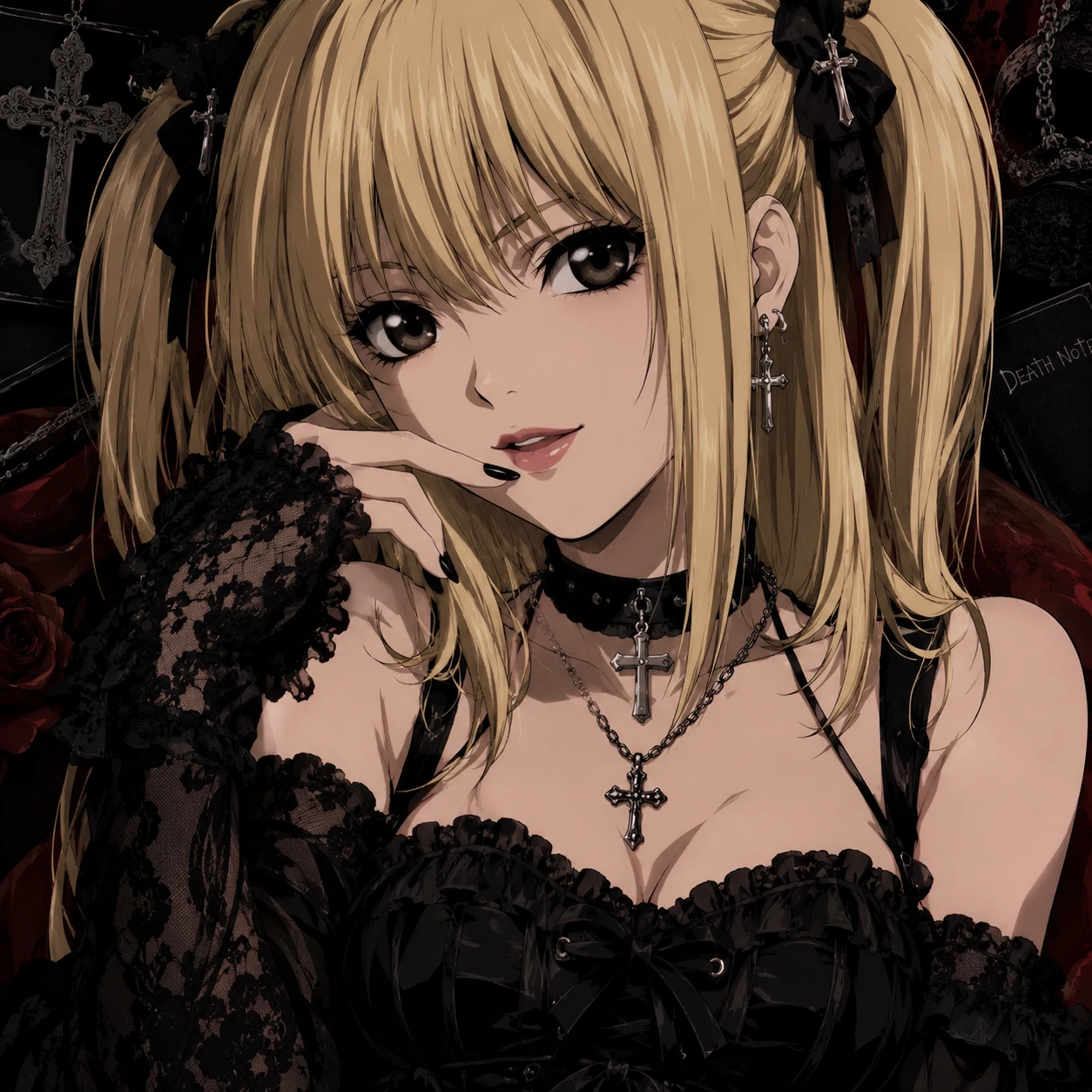 Misa Amane PFP in her gothic lolita outfit with cross jewelry