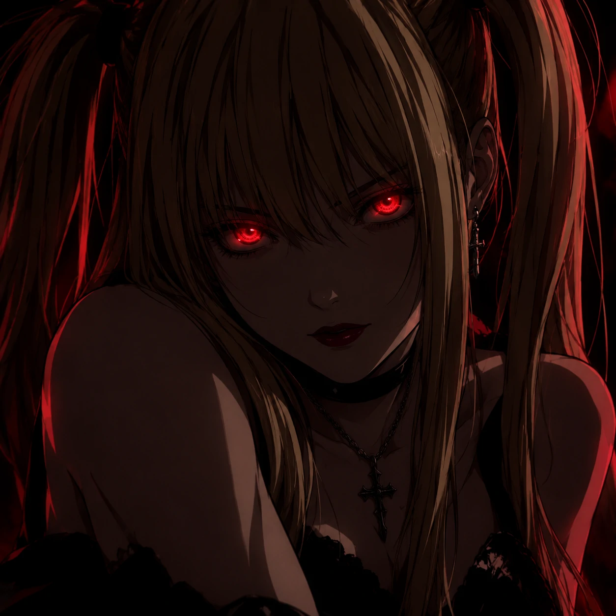 Misa Amane PFP with glowing red Shinigami Eyes in dark lighting
