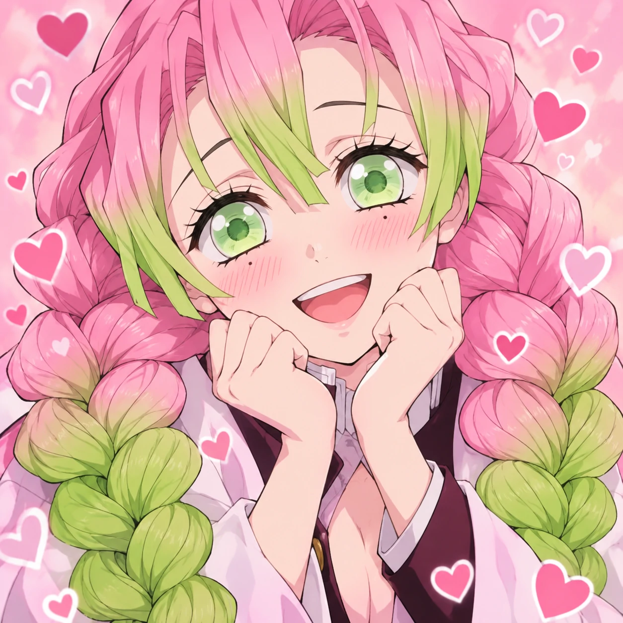 Mitsuri Kanroji with pink and green braided hair and hearts around her, cute Love Hashira pfp