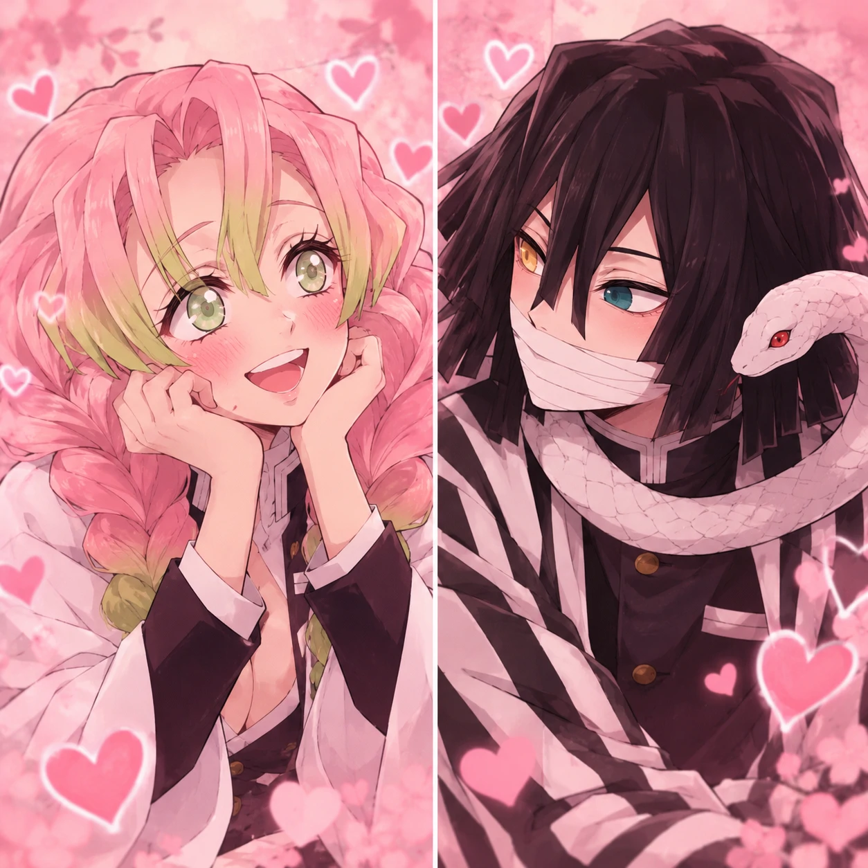 Mitsuri Kanroji and Obanai Iguro matching icons with pink hearts, romantic anime couple pfp