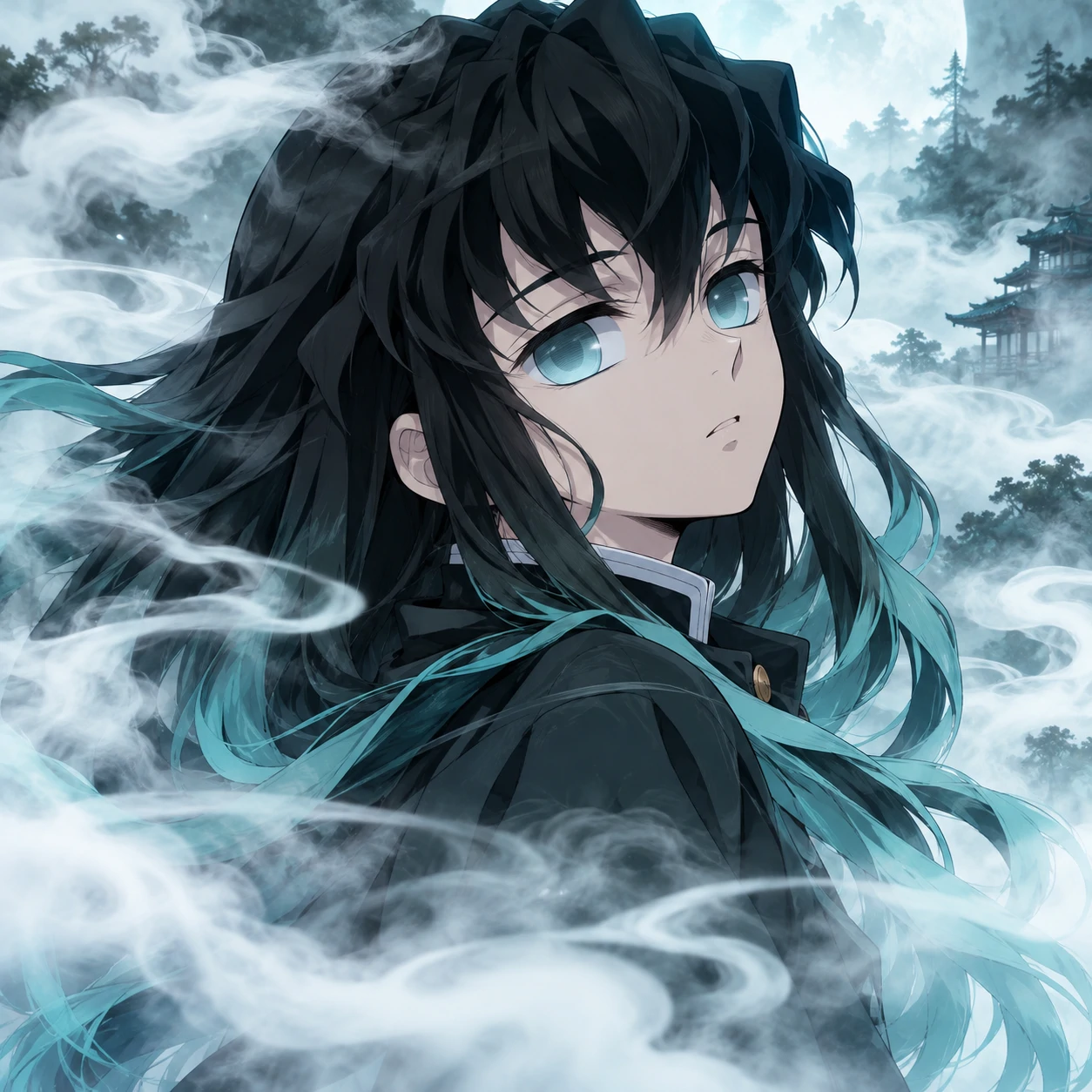 Muichiro Tokito with long black and teal hair in drifting mist, calm Mist Hashira anime icon