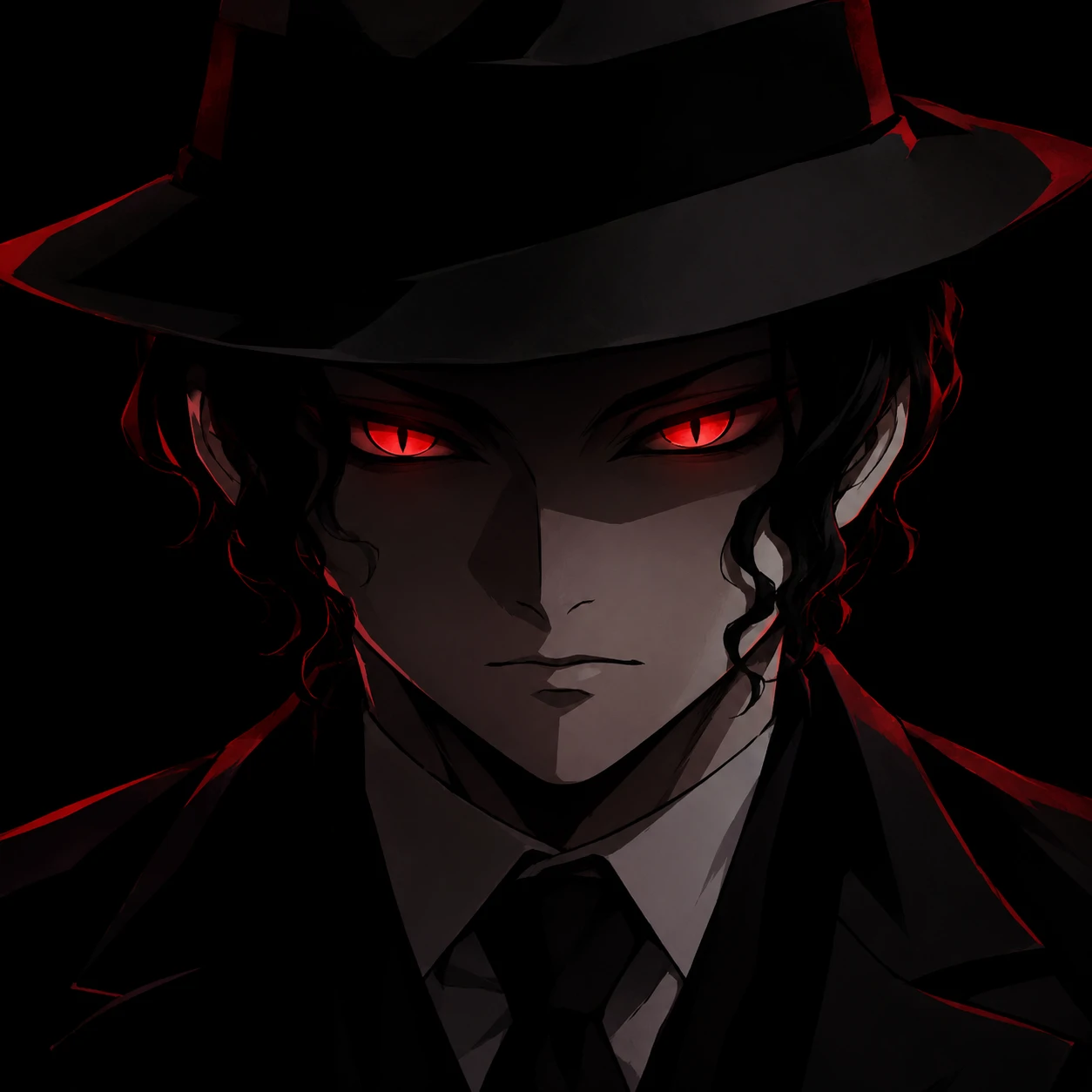 Muzan Kibutsuji with glowing red slit eyes in a black suit, dark Demon Slayer villain pfp