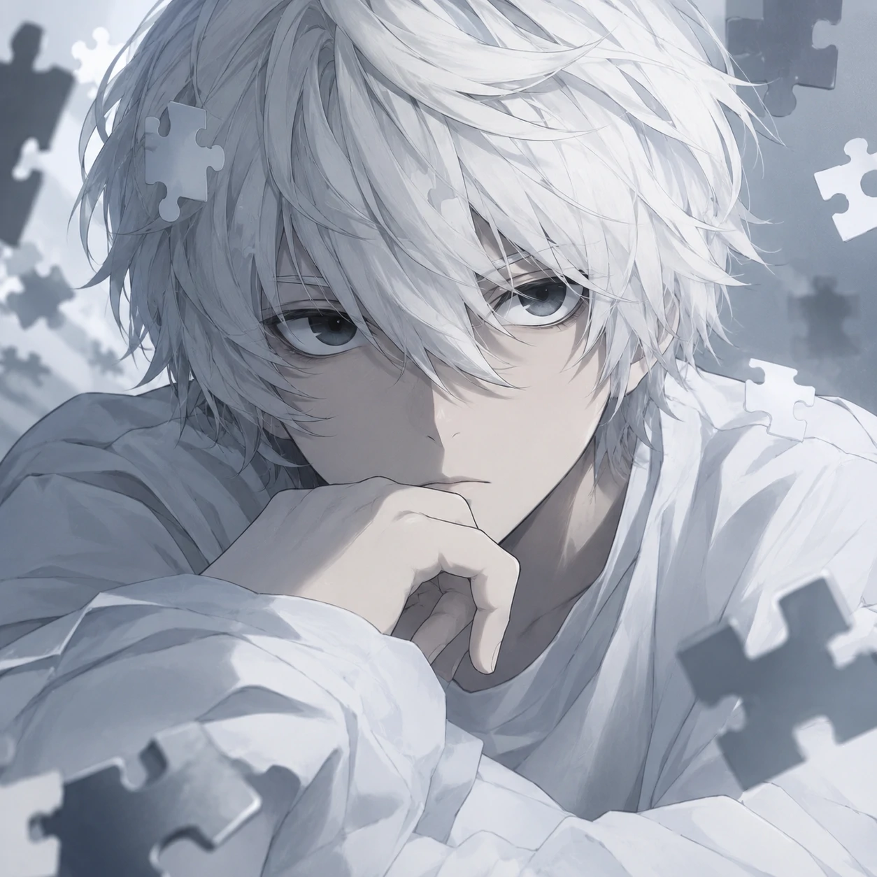 Near and Mello matching PFP, Near's half with white hair and puzzle pieces