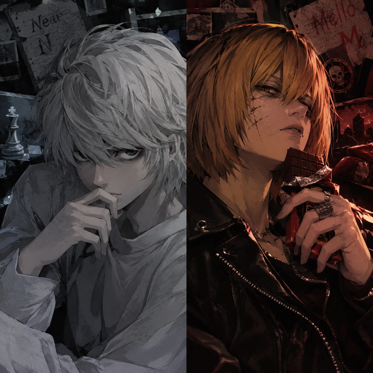Near and Mello matching PFP, Mello's half with chocolate bar and leather