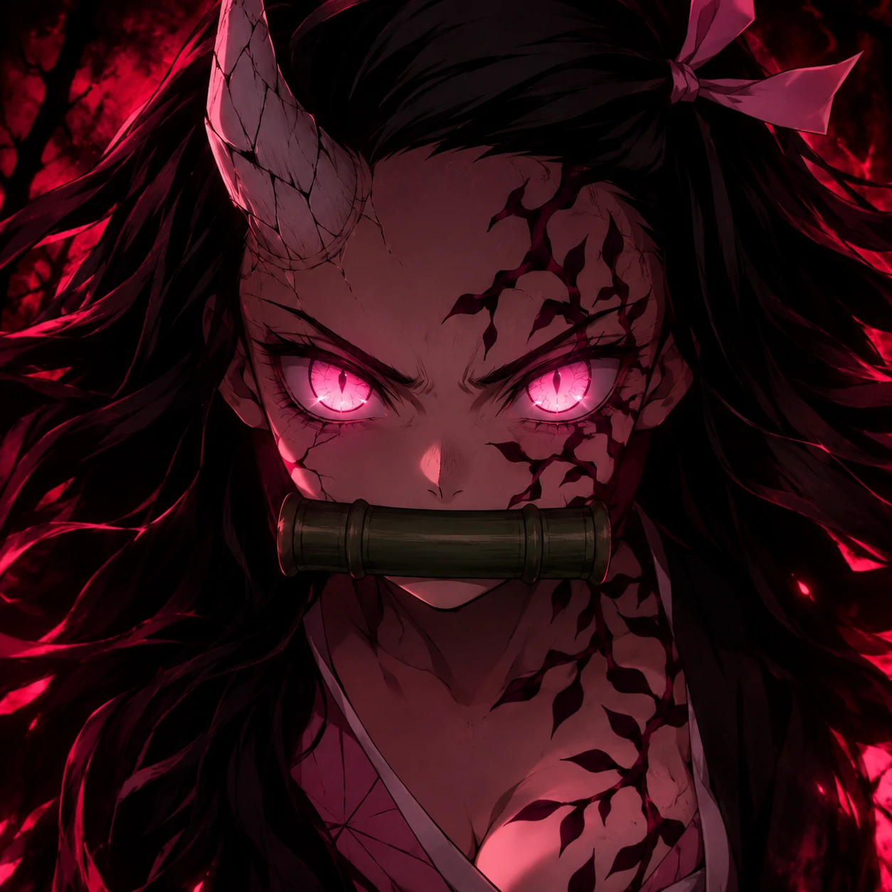 Nezuko in demon form with glowing pink eyes and vine-like markings, dark anime pfp
