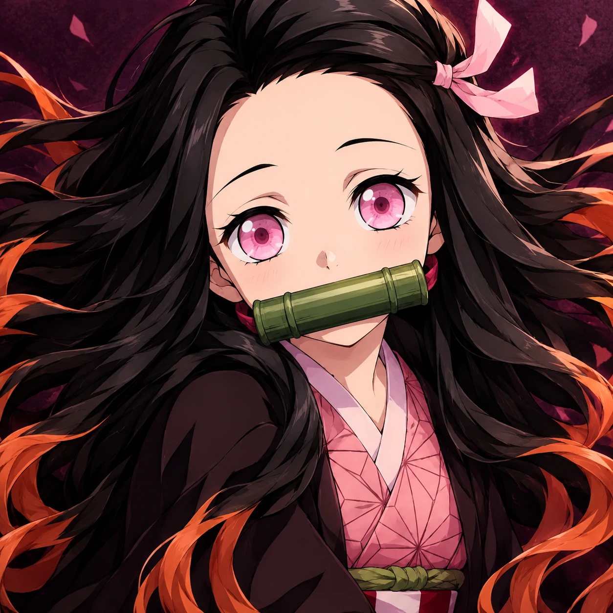 HD Nezuko portrait with long flowing dark hair and pink ribbon, high quality anime pfp